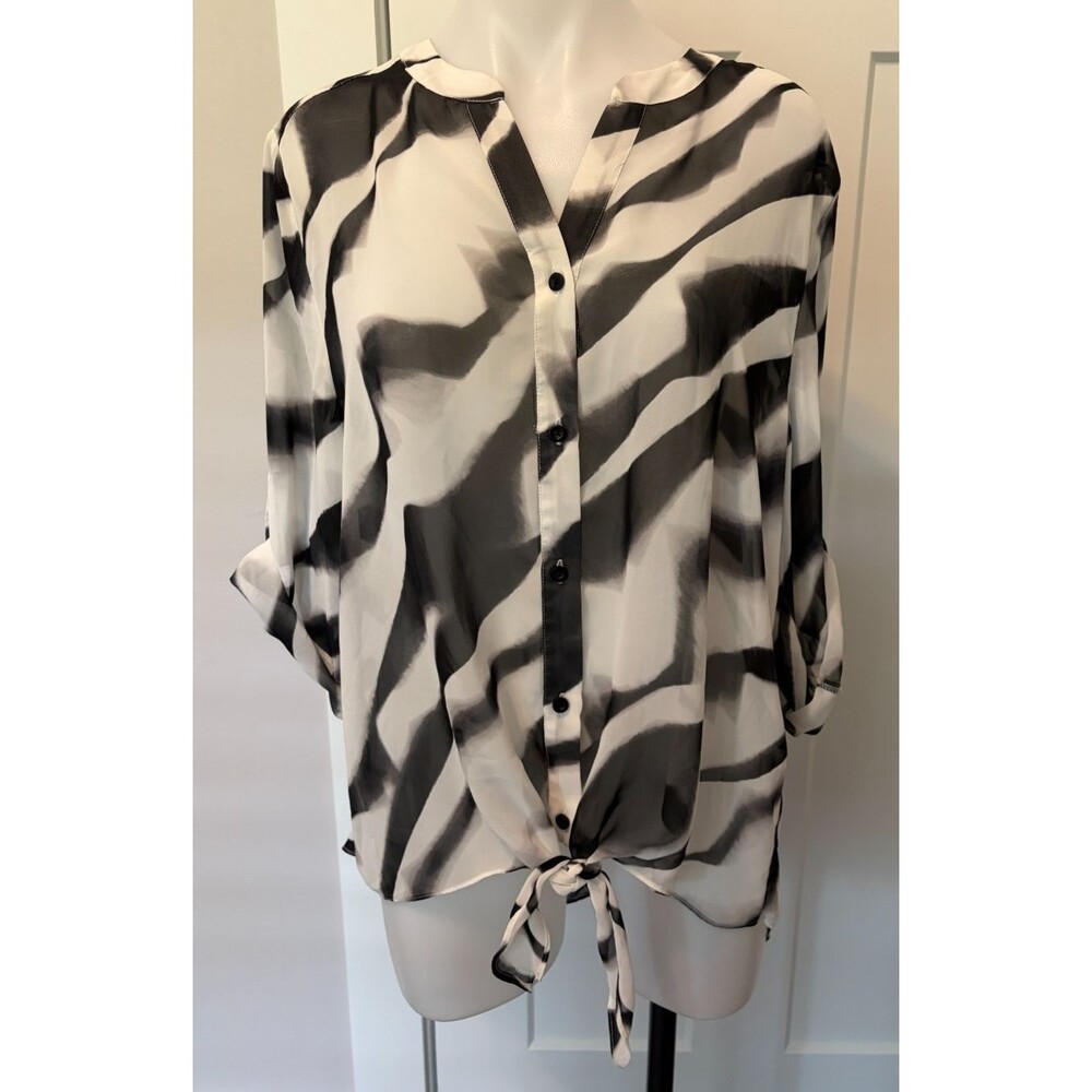CHICOS Womens TOP 3/4 Sleeve BLACK White Stripe Tie Front Size 2 (L/12)